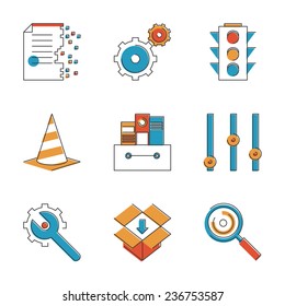 Abstract icons of web settings and configuration testing, website support and service tools, internet file archive. Unusual flat design line icons set unique art vector illustration concept.