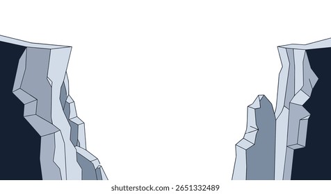 Abstrato gelado montanha penhasco borda romper através de um vazio branco revelando um fundo escuro com luz azul acentos e tons frios