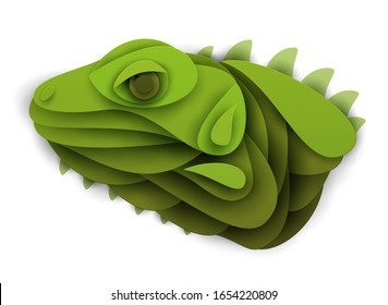 Abstract iguana head isolated on white background. Creative 3d concept in craft paper cut style. Colorful minimal design character. Original vector cartoon illustration.