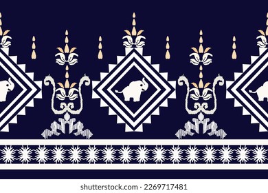 arte de ikat abstracto patrón sin soldadura Borde elefante sobre fondo azul diseño de impresión de arte geométrico azteca para alfombras, papel tapiz, ropa, envolturas, tejidos, tejidos