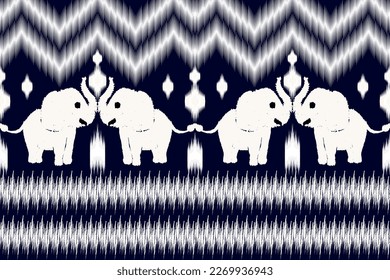 arte de ikat abstracto patrón sin soldadura Borde elefante sobre fondo azul diseño de impresión de arte geométrico azteca para alfombras, papel tapiz, ropa, envolturas, tejidos, tejidos