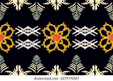 abstract ikat art  seamless pattern  folk embroidery  on a black background  aztec geometric art print design for rugs, wallpapers, clothing, wraps, fabrics, covers, textiles