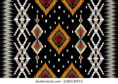 arte de ikat abstracto de forma transparente bordado folk sobre fondo negro diseño de impresión de arte geométrico azteca para alfombras, papel tapiz, ropa, envolturas, tejidos, tejidos, textiles