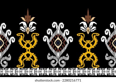 abstract ikat art  seamless pattern  folk embroidery  on a black background  aztec geometric art print design for rugs, wallpapers, clothing, wraps, fabrics, covers, textiles