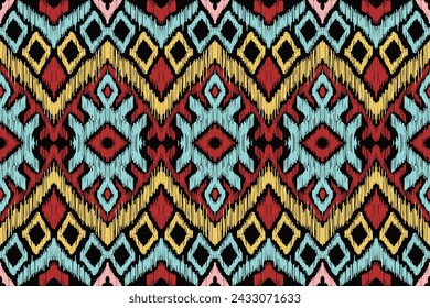 Arte Ikat abstracto patrón sin fisuras folk bordado arte geométrico azteca, étnico geométrico, Ikat africano colorido paisley bordado. Navajo, patrón sin fisuras tradicional, motivos tribales vector abstracto.