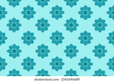 Abstract Ikat blooming floral damask shape seamless pattern on blue wallpaper and vector background. Tribal and culture concept