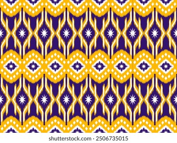 Abstract ikat diamond star yellow and white on dark purple background