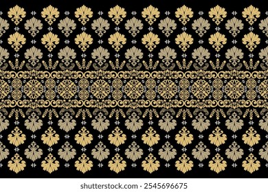 Abstract Ikat luxury golden floral damask shape and yellow lace seamless pattern on black wallpaper and vector background. Tribal and culture concept