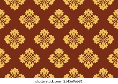 Abstract Ikat luxury golden and yellow floral damask shape seamless pattern on brown wallpaper and vector background. Tribal and culture concept
