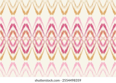 Abstract Ikat pattern design with motif of stylized diamonds in shades of pink and gold on a white background. Traditional weaving techniques. Design is perfect for home decor, fashion, or stationery.