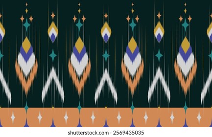 Abstract Ikat Pattern - Ethnic Textile Design with Vibrant Geometric Shapes on Dark Background