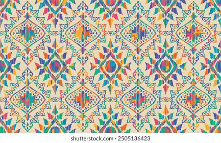 Abstract Ikat pattern with seamless design, perfect for ethnic-themed backgrounds, curtains, carpets, wallpapers, clothing, and decorations. Ideal for wrapping paper, batik, and other creative uses.