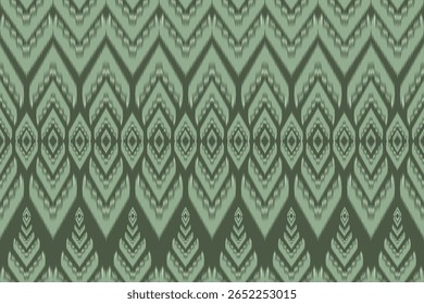 Abstract Ikat seamless green pattern background. Aztec tribal pattern, traditional grunge geometric ethnic pattern. Design for fabric, art, wallpaper, textile, wrapping. Vector Illustration