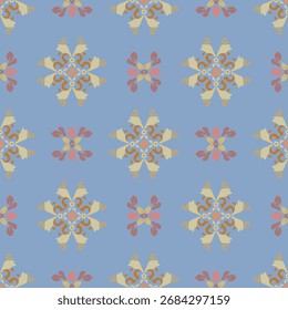 Abstract ikat seamless pattern in floral or mandala style on a blue background. Ideas for wallpaper, backdrops, tiles, pottery, textiles, and rugs. 