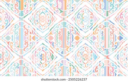 Abstract Ikat seamless pattern, perfect for ethnic-themed backgrounds, curtains, carpets, wallpapers, clothing, and decorations. Ideal for wrapping paper, batik,greeting cards, printing,creative uses.