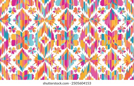 Abstract Ikat seamless pattern, perfect for ethnic-themed backgrounds, curtains, carpets, wallpapers, clothing, and decorations. Ideal for wrapping paper, batik,greeting cards, printing,creative uses.