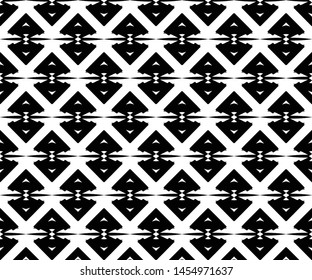 Abstract ikat style seamless ornament pattern. Combination of ax shape with rhombus. Monochrome geometric background suitable for fabric motifs.