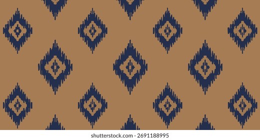 Abstrato padrão sem emenda estilo ikat com diamantes texturizados azul escuro em um fundo marrom quente. Ideal para designs têxteis, papéis digitais e vários