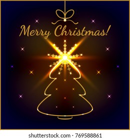 Abstract illuminated chrismas tree with glowing stars on a dark mesh background. Vector illustration. Design for 2018 Happy New Year and Merry Chrismas card.