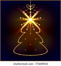 Abstract illuminated chrismas tree with glowing stars on a dark mesh background. Vector illustration. Design for 2018 Happy New Year and Merry Chrismas card.