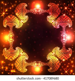 Abstract illuminated decorative frame on dark orange and red gradient background with glittering stars and lights