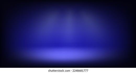 Abstract illuminated empty blue stage with bright projectors. Design template. 3d vector background