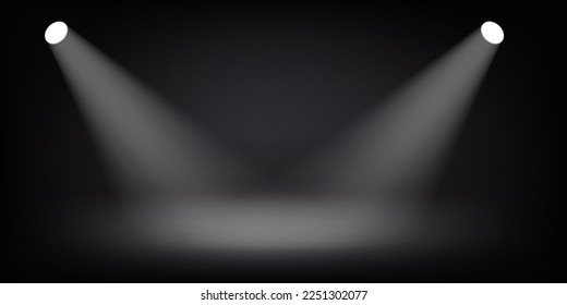 Abstract illuminated empty dark stage with bright projectors. Design template. 3d vector background