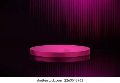 Abstract illuminated empty dark violet interior with podium. Design template. 3d vector background