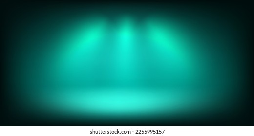 Abstract illuminated empty green stage with bright projectors. Design template. 3d vector background