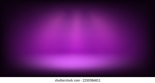 Resumen de escenario violeta vacío iluminado con proyectores brillantes. Plantilla de diseño. 3.ᵉʳ fondo vectorial