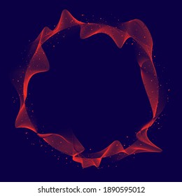 Abstract illuminated red dynamic circle waves line of particles array on dark background. Technology digital explosion concept. Vector illustration