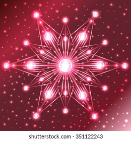 Abstract illuminated red star with lights on its rays on red gradient background with sparkles