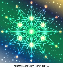 Abstract illuminated snowflake on blue, green and yellow gradient background with sparkles