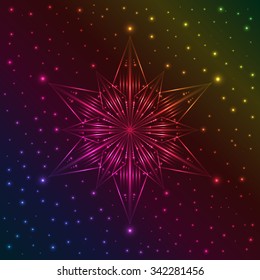 Abstract illuminated snowflake on dark colorful background with plenty of sparkles