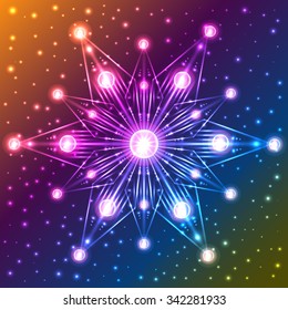 Abstract illuminated snowflake on orange, blue, violet and yellow gradient background with sparkles