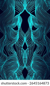  Abstract illusion optical concept. Psychology identity communication therapy education design. Blue wavy linear vector on dark navy background silhouette style.