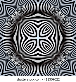 Abstract illusion texture lines in the form of a convex symmetrical circle pattern in  square on a gray gradient background