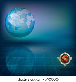 abstract illustation with globe and compass on blue background