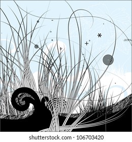 Abstract illustrated background with flowing lines, concentric circles, and other interesting elements.