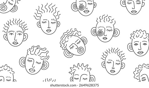 Abstract illustrated faces with wavy hair and closed eyes in a repeating pattern design
