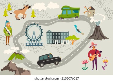 Abstract illustrated map. Road with a car, volcanos and mountains, musician characters and horse. Cute colorful vector illustration for children, kids