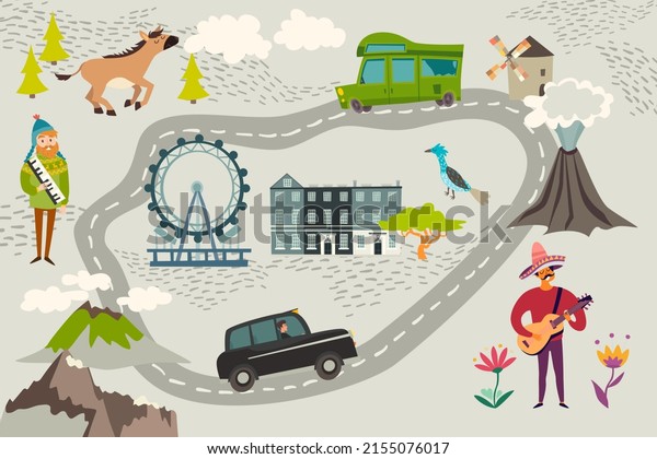 Abstract illustrated map. Road with a car,\
volcanos and mountains, musician characters and horse. Cute\
colorful vector illustration for children,\
kids