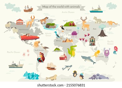 Abstract illustrated world mapAbstract illustrated world map for children, kids. Сartoon colorful vector illustration. People characters,funny detailed, animals characters and other elements cartoon p