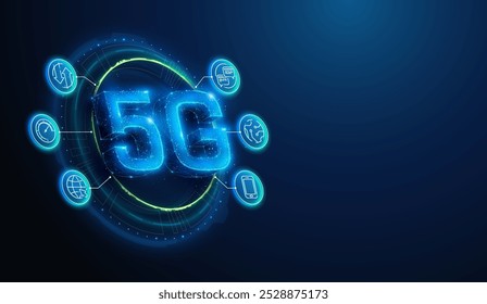 Ilustración Abstractas de la red móvil inalámbrica 5G con iconos lineales en estilo de baja poli. Fondo geométrico azul que representa el concepto de hardware de comunicación 5g por estructura de conexión de alambre