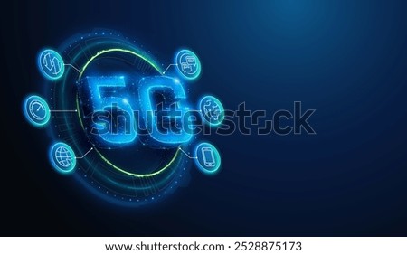 Abstract illustration of 5g wireless mobile network with lineart icons in low poly style. Blue geometric background depicting 5g communication hardware concept by wireframe connection structure