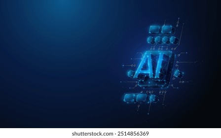 Abstract illustration of an ai cpu chip in low poly style. Blue geometric background depicting artificial intelligence computing hardware concept by wireframe connection structure