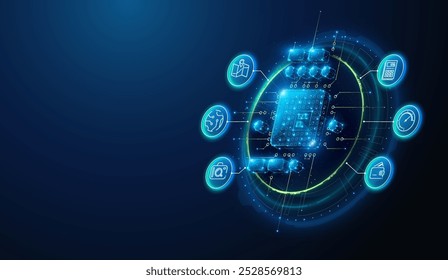 Ilustração abstrata do chip da cpu de ai com ícones lineart no estilo poli baixo. Fundo geométrico azul representando o conceito de hardware de computação de inteligência artificial por estrutura de conexão wireframe