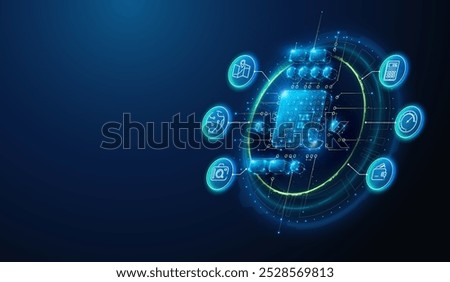 Abstract illustration of ai cpu chip with lineart icons in low poly style. Blue geometric background depicting artificial intelligence computing hardware concept by wireframe connection structure