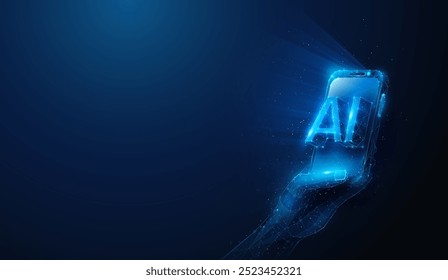 Abstract illustration of ai powered smartphone in hand in low poly style. Blue geometric background depicting artificial intelligence computing devices and smart phones concept by mconnection structur