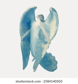 Abstract illustration of an angel with large wings. The angel, with flowing robes, is depicted in soft blue tones, exuding a serene and ethereal presence. Vintage angel illustration isolated, vector.